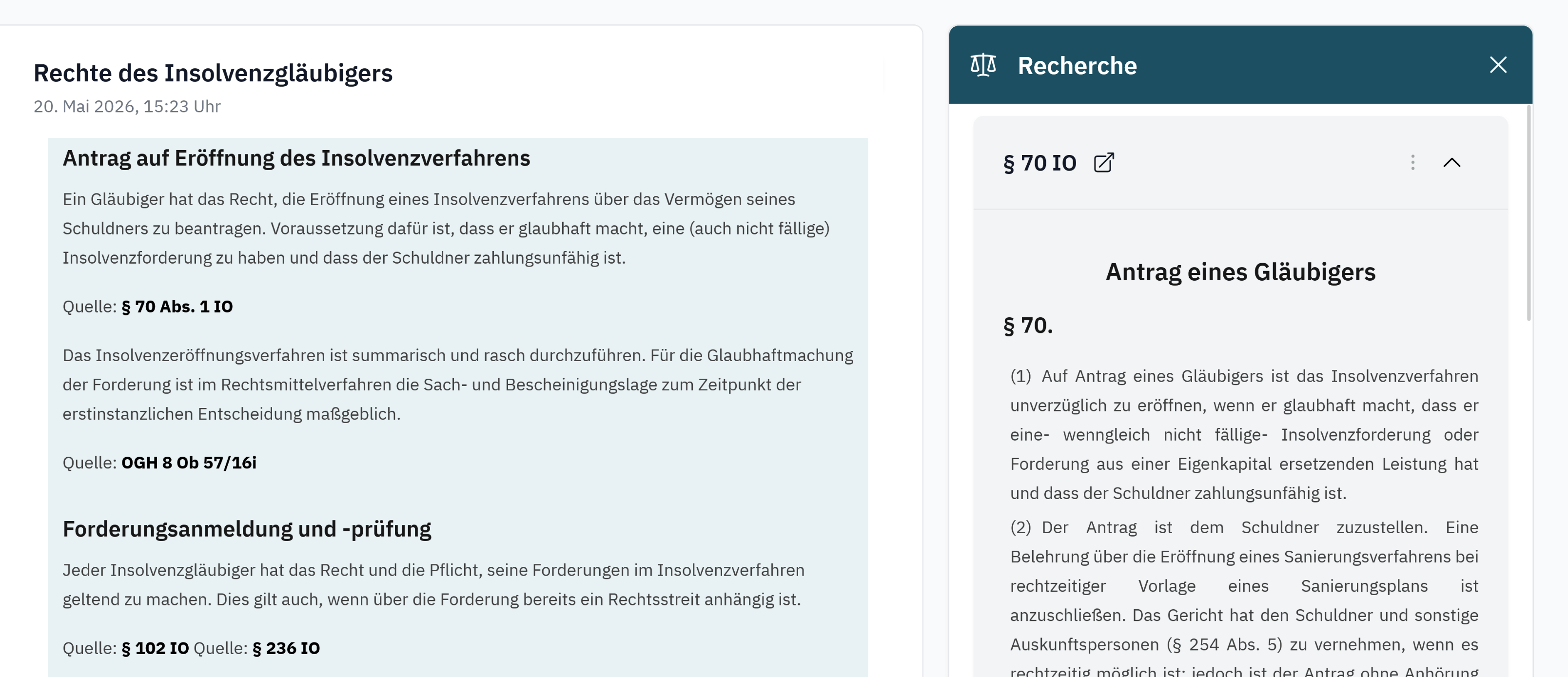 Screenshot der Quellenansicht: zitierte Passage links, Originaltext aus dem RIS rechts